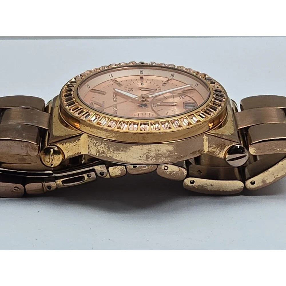 Michael Kors Dylan Womens Rose Gold Baguette Bezel Chronograph Watch New Battery